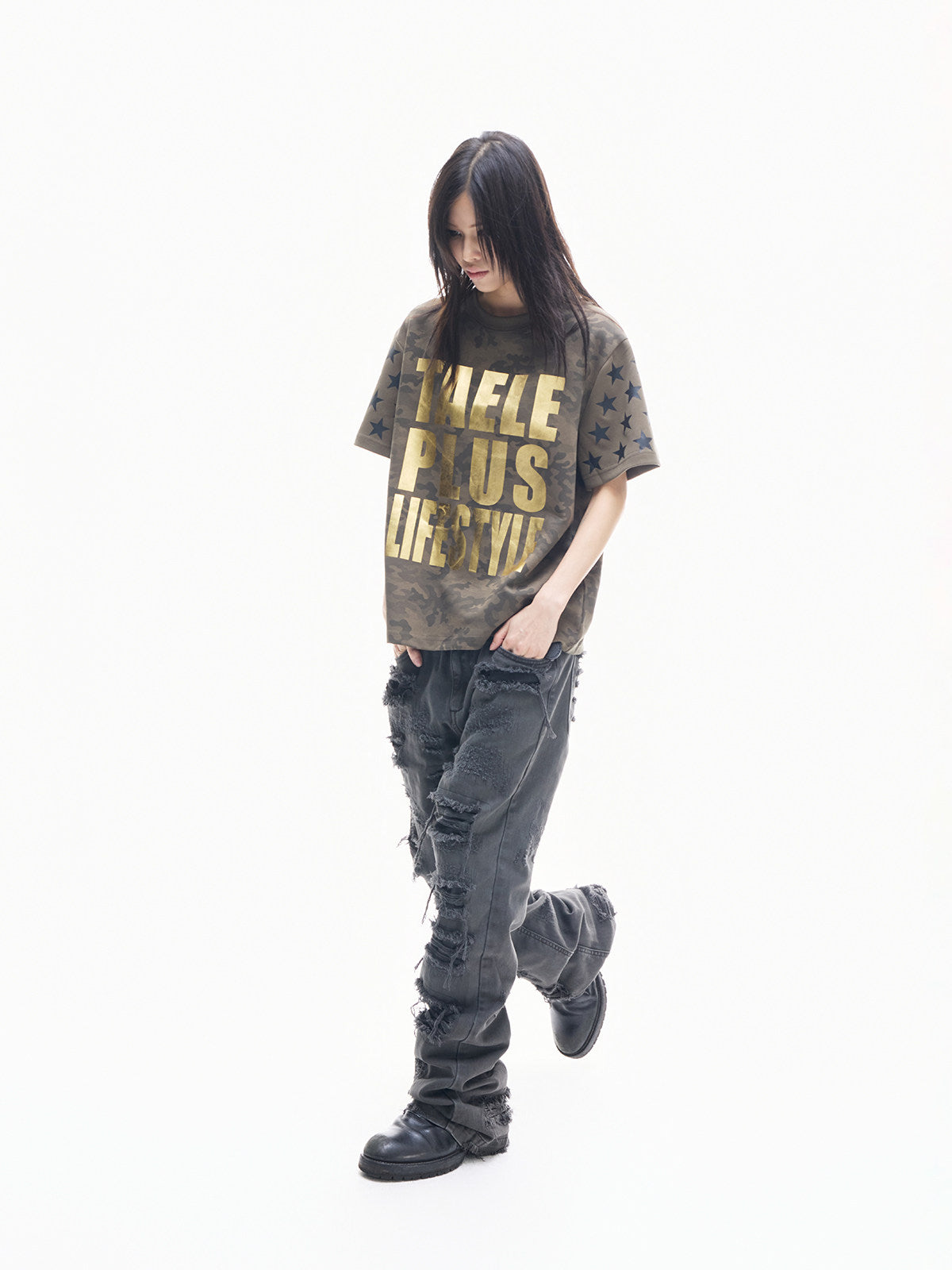 Camouflage Foil Print Oversize Short Sleeve T-Shirt WN27287