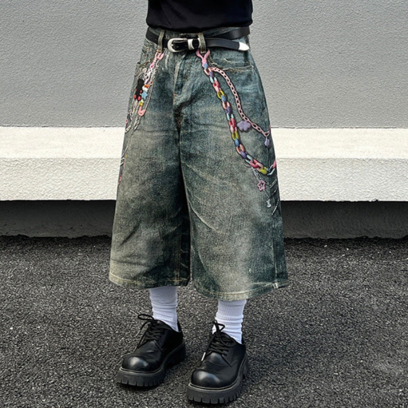 Digital Print Washed Wide Leg Half Denim Jeans WN19520