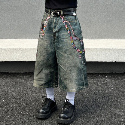 Digital Print Washed Wide Leg Half Denim Jeans WN19520