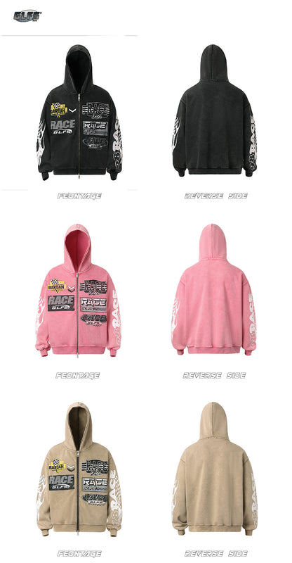 Washed Letter Print Zipper Hoodie WN26512