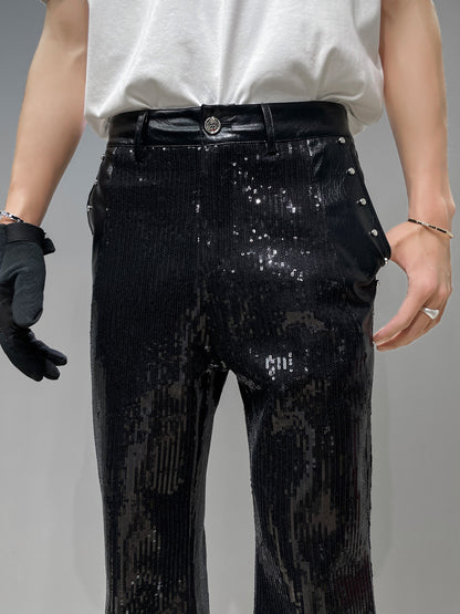 Sequin Patchwork PU Leather Wide Leg Pants WN23918