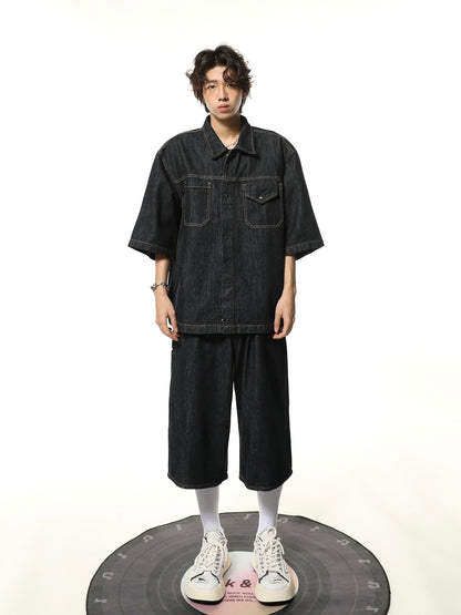 Washed Oversize Short Sleeve Denim Shirt & Half Denim Jeans Setup WN7098