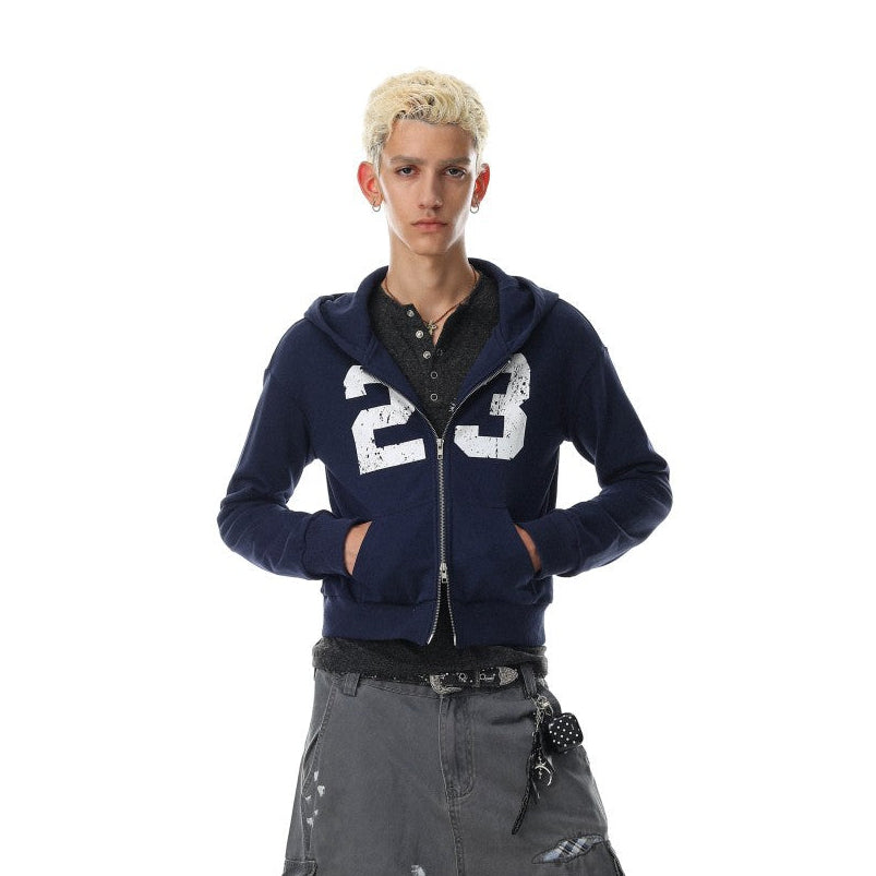 Cropped Number Graphic Zipper Hoodie WN27966