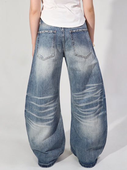 Whisker Washed Gradient Curved Wide Leg Denim Jeans WN24109