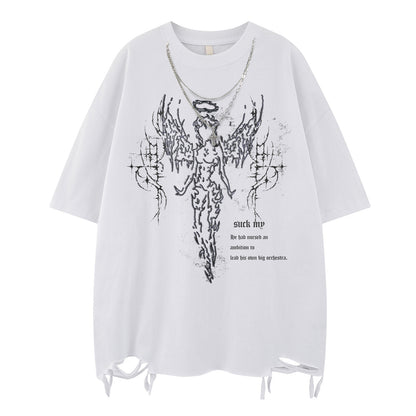 Necklace Print Damage Oversize Short Sleeve T-Shirt WN15052