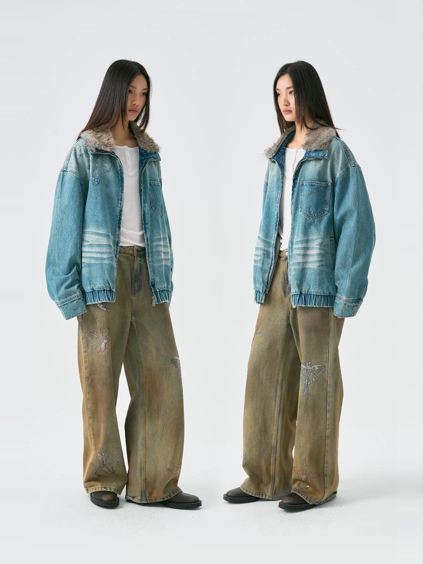 Embroidered Faux Fur Collar Wash Denim Jacket WN18926