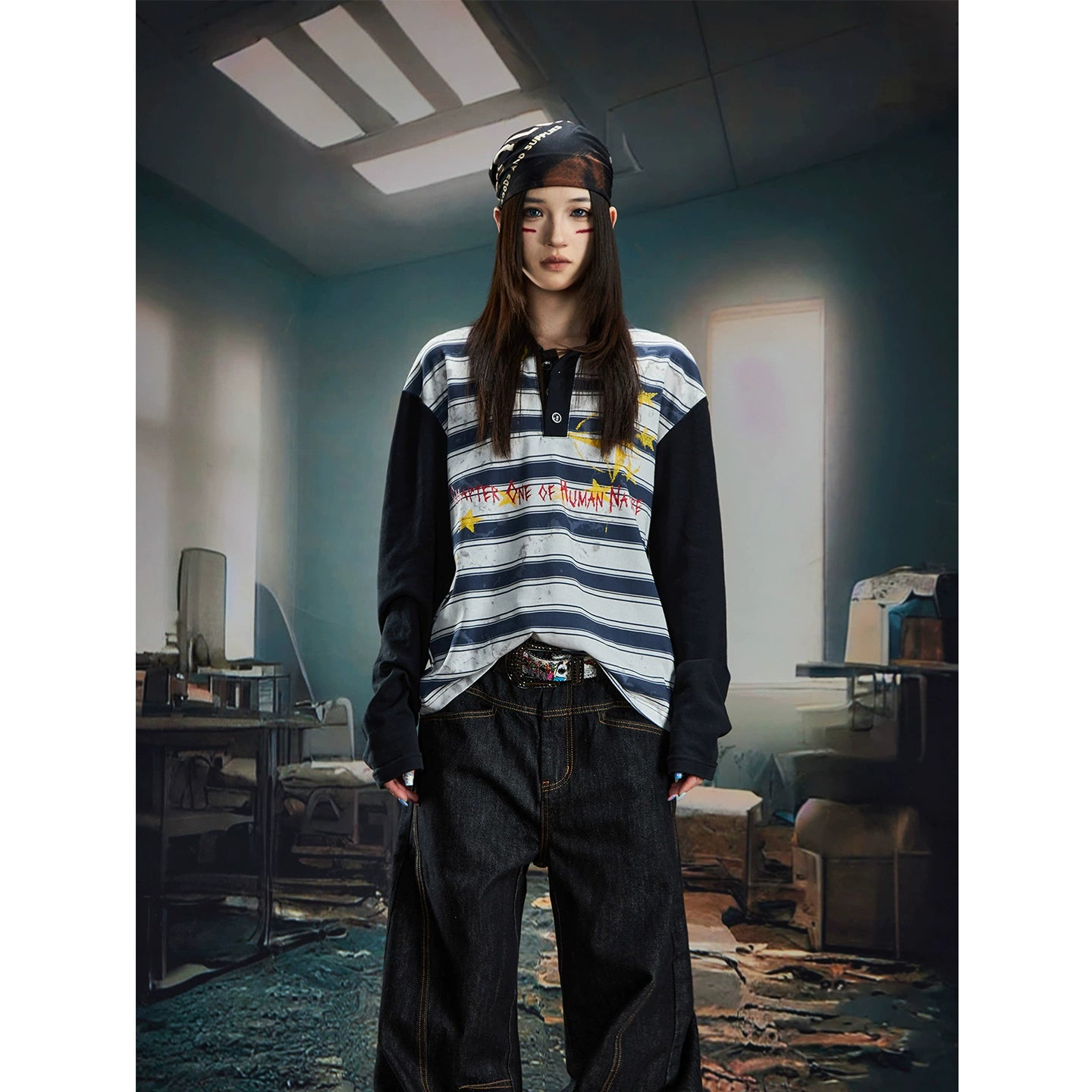 Print Dye Layered Stripe Long Sleeve T-Shirt WN20562