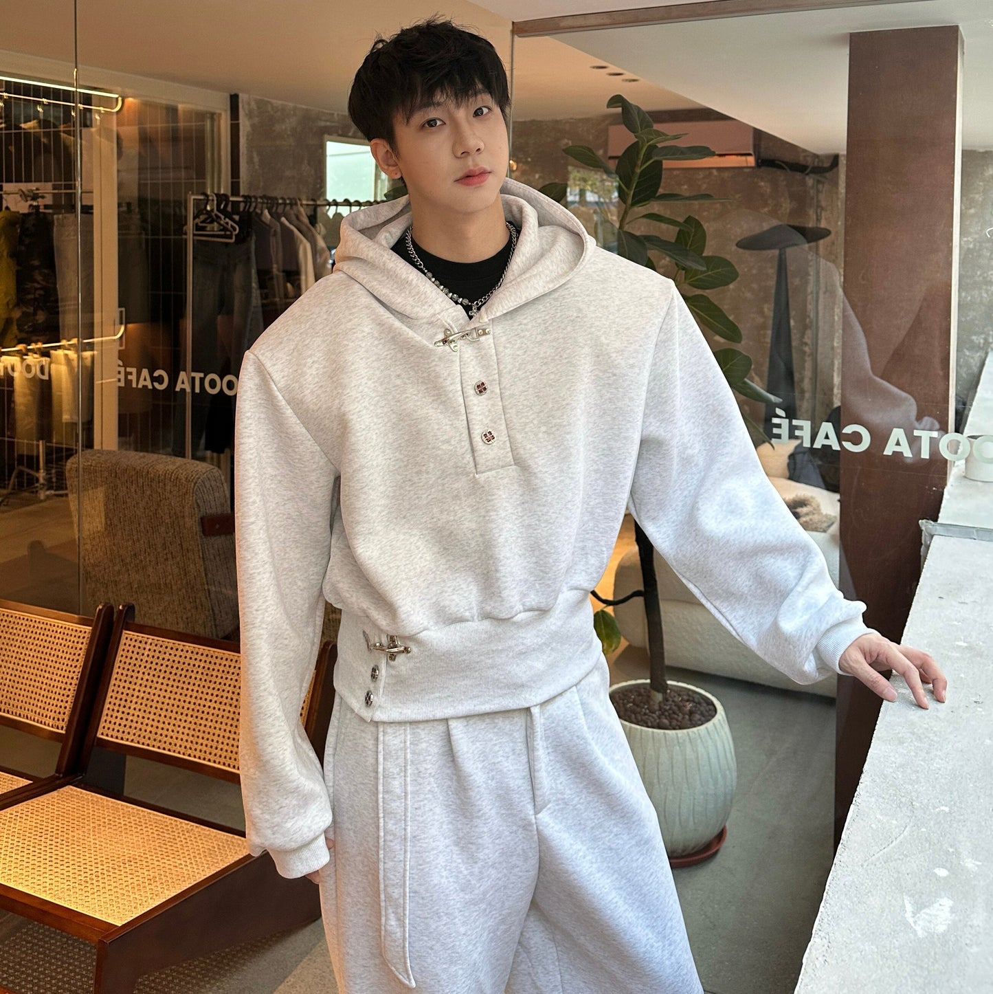 Henley Design Hoodie & Wide Leg Sweatpants Setup WN25376