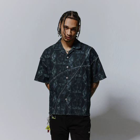 Ink Print Patchwork Spread-Collar Short Sleeve Shirt WN17520