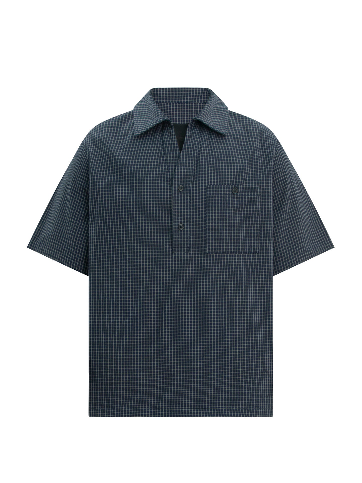 Plaid Fake Layered Half-Placket Polo Collar Pocket Short Sleeve Shirt WN26347