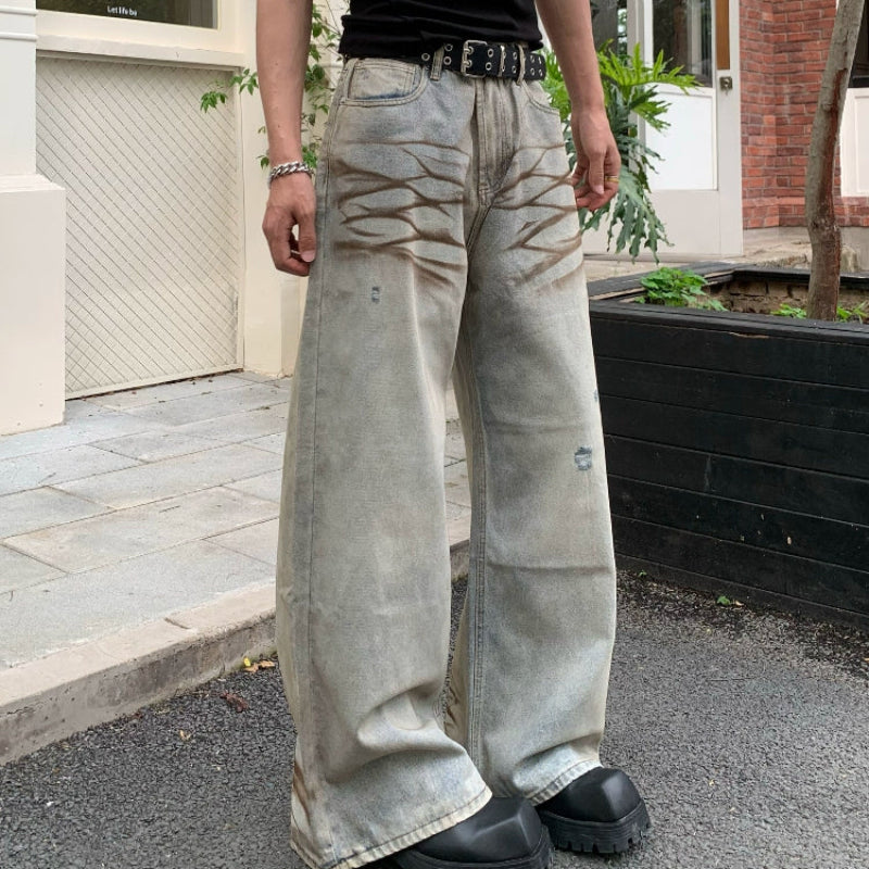 Mud-Dye Washed Whisker Wide Leg Denim Jeans WN19817
