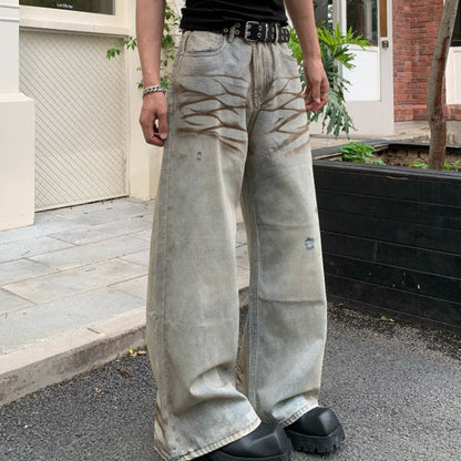 Mud-Dye Washed Whisker Wide Leg Denim Jeans WN19817