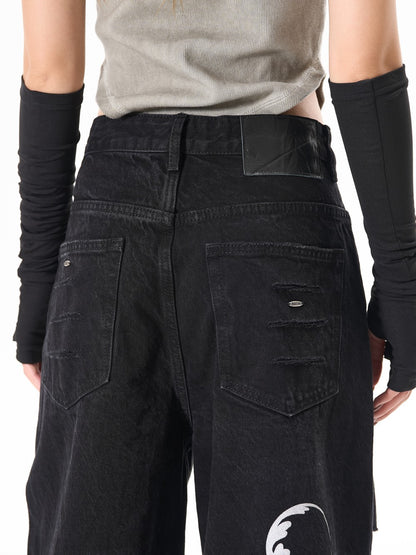 Ripped Circle Print Wide Leg Denim Jeans WN27892
