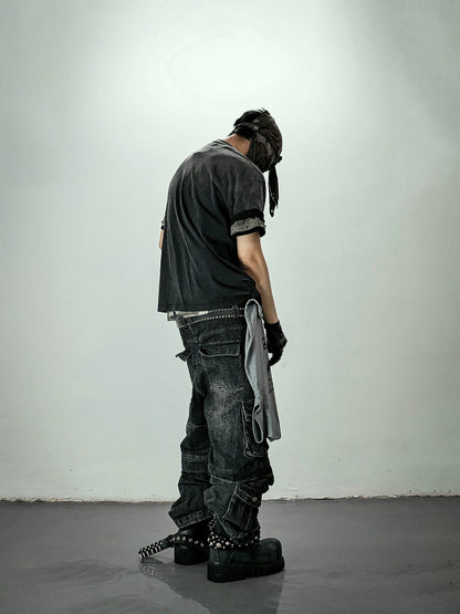 Multi Pocket Washed Heavyweight Cargo Denim Jeans WN20840