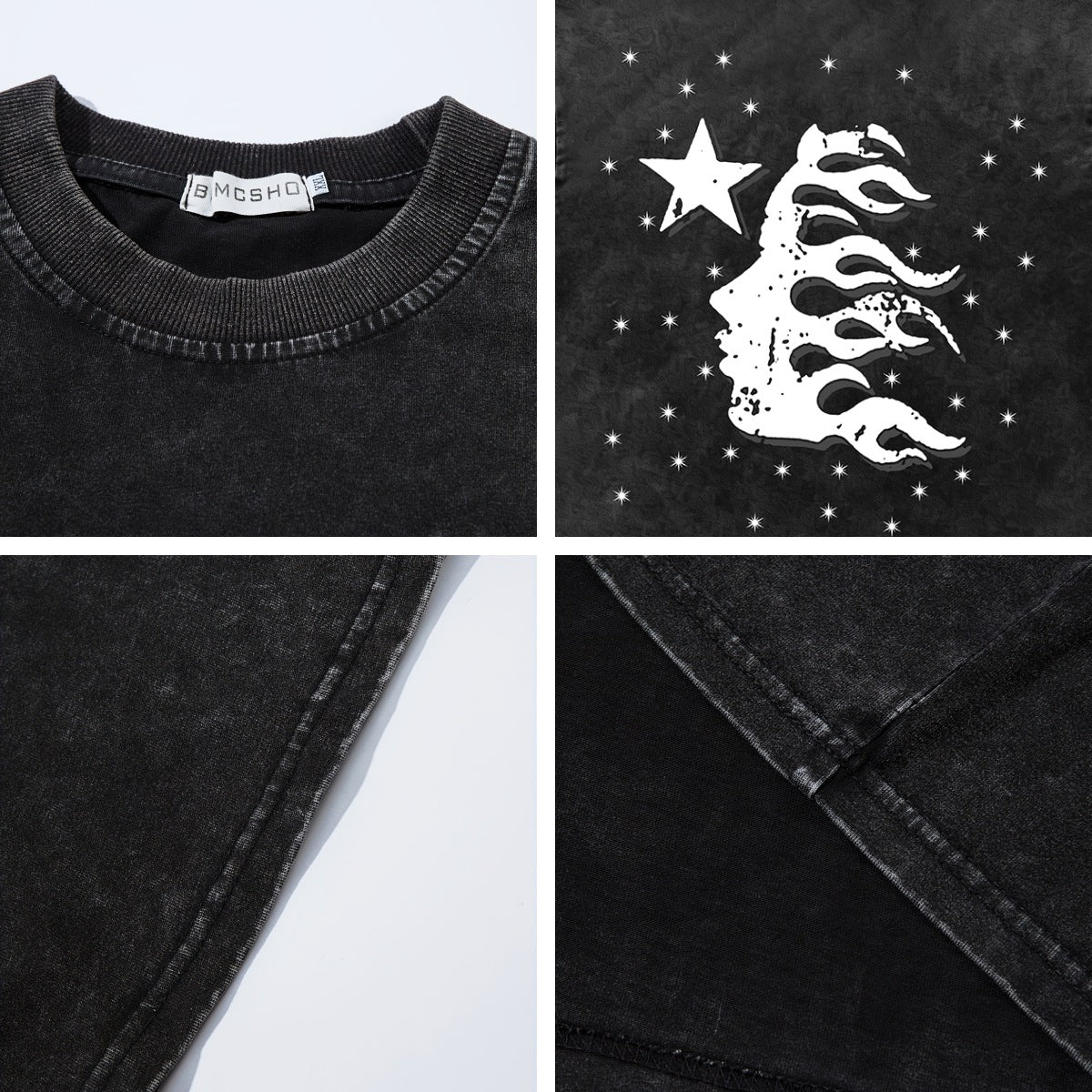 Washed Star Flame Face Print Short Sleeve T-Shirt WN26935