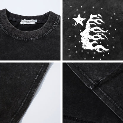 Washed Star Flame Face Print Short Sleeve T-Shirt WN26935