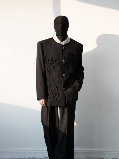 3D Floral Applique Collarless Jacket & Wide-Leg Trousers Setup WN23642