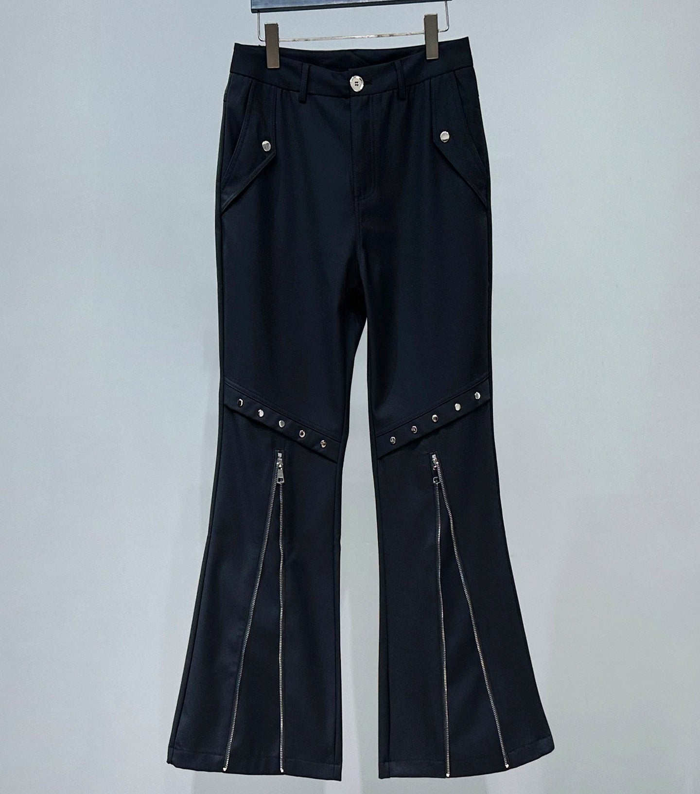 Studs Zipper Wide Leg Flare Trousers WN23951