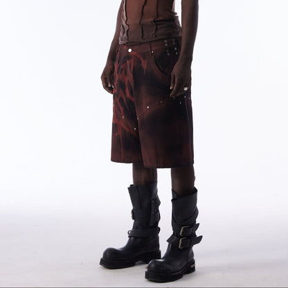 Washed Graffiti Dirty-Dye Denim Half Pants WN25741