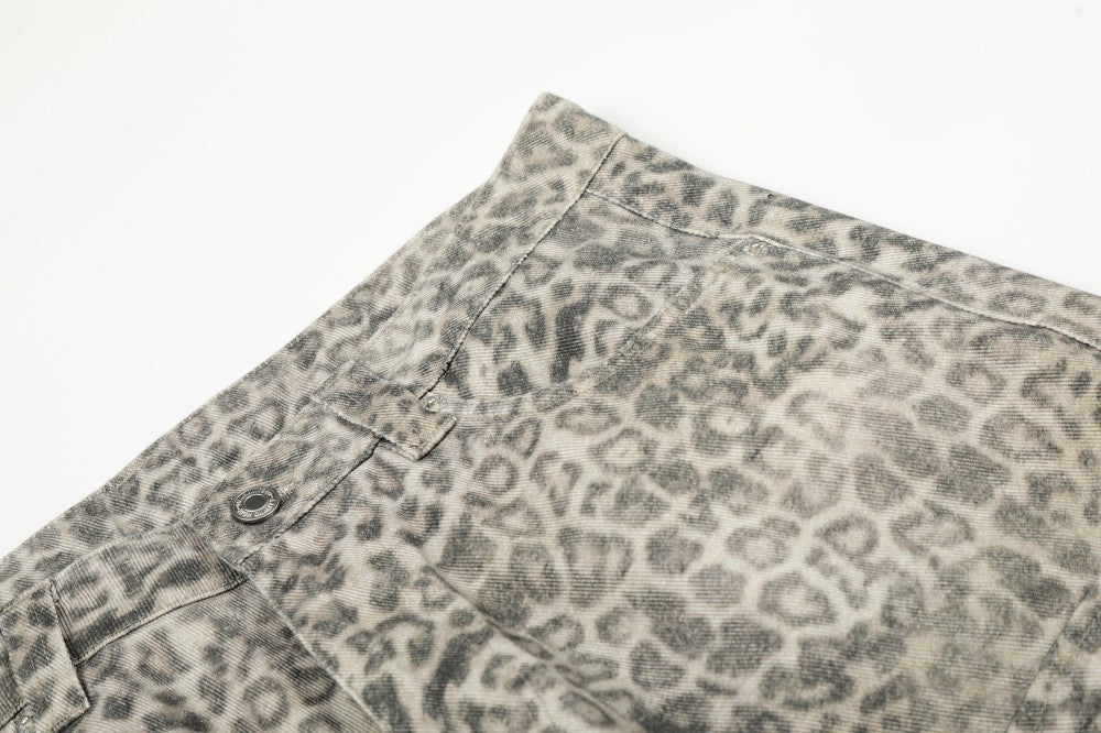 Leopard Print Washed Multi-Pocket Wide Leg Denim Jeans WN27926