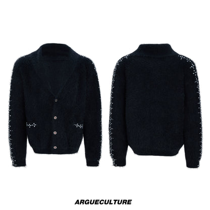 Fake Fur Heavyweight Beads Decor Knit Cardigan WN22613
