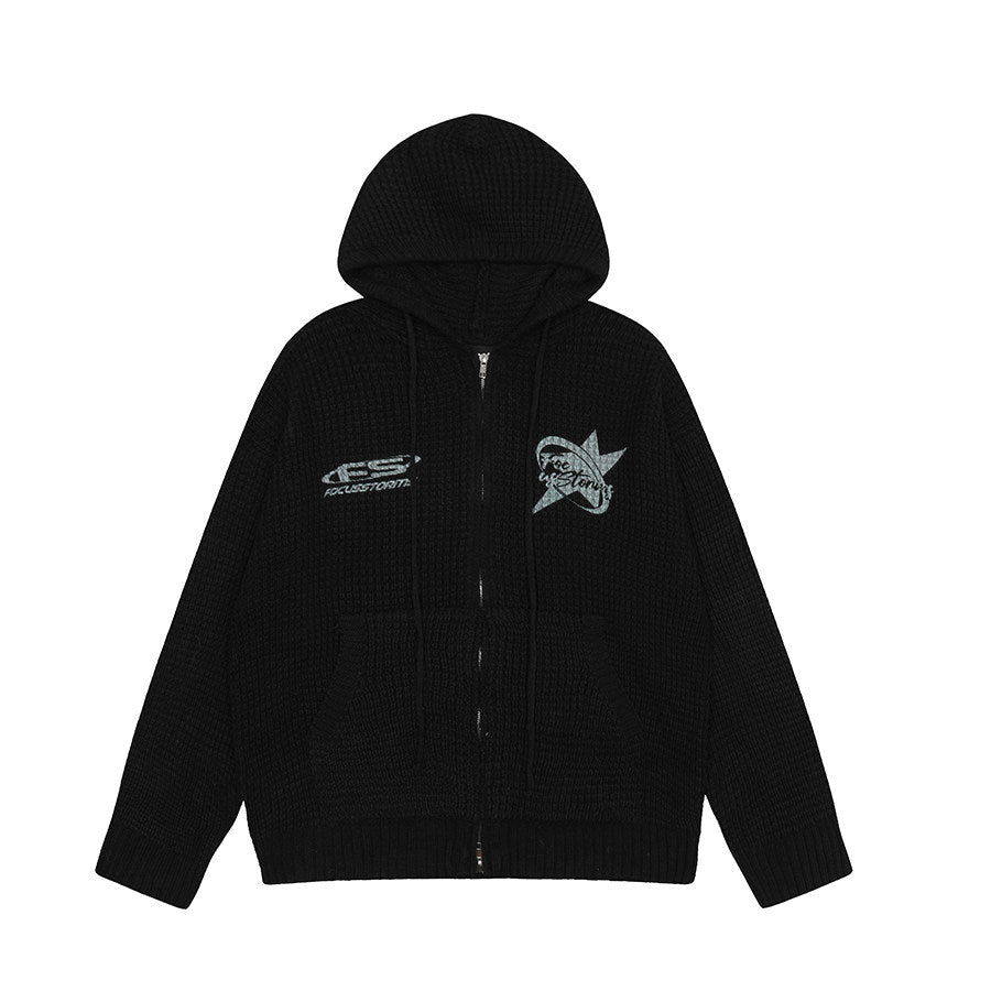 Waffle Knit Embroidery Oversize Zipper Hoodie WN24192