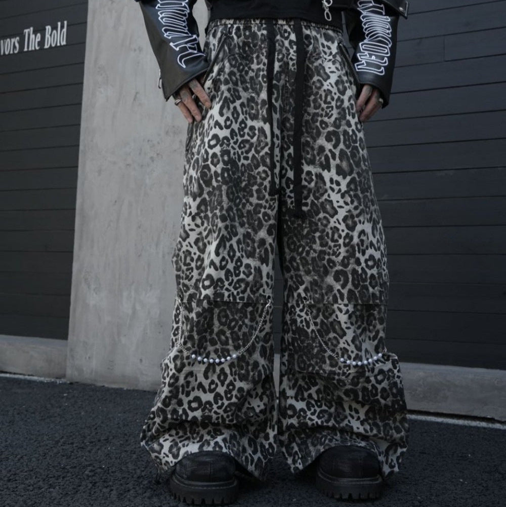 Leopard Studs Chain Detail Wide Leg Cargo Pants WN28012