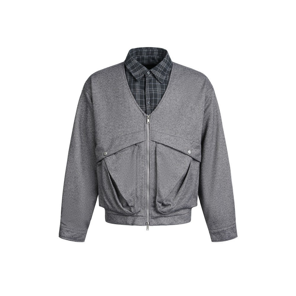 Fake Layered Herringbone Patchwork Plaid Collar Jacket WN27900
