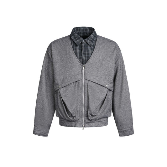 Fake Layered Herringbone Patchwork Plaid Collar Jacket WN27900