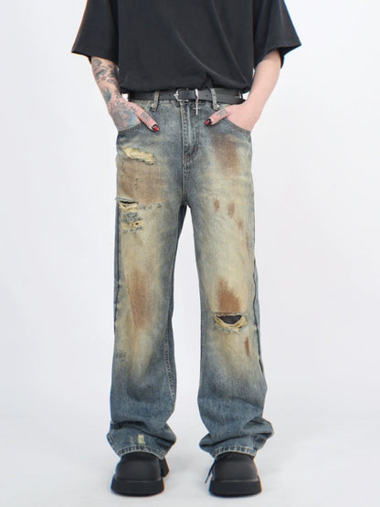 Wash Damaged Straight Denim Jeans WN5244