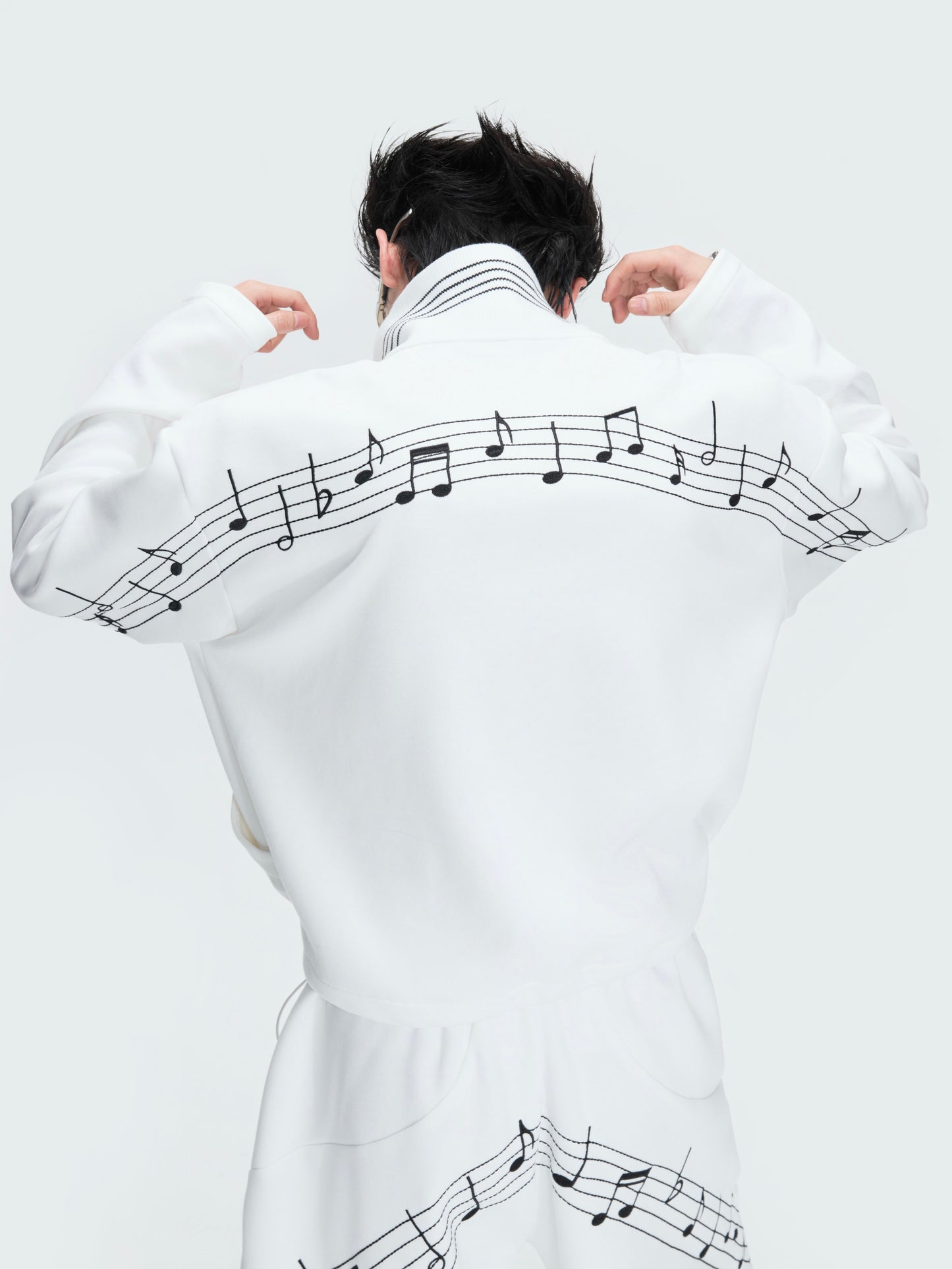 Musical Note Embroidery Boxy Lapel Jacket & Drawstring Wide Leg Pants Setup WN26979