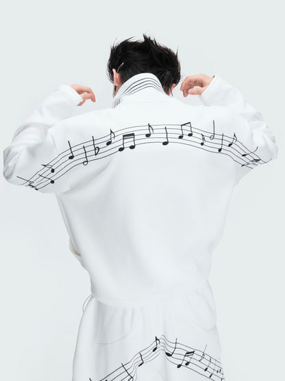 Musical Note Embroidery Boxy Lapel Jacket & Drawstring Wide Leg Pants Setup WN26979