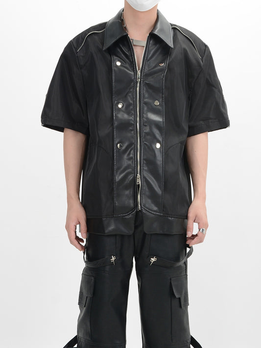 Metal Rivet Design PU Leather Short Sleeve Shirt WN6143