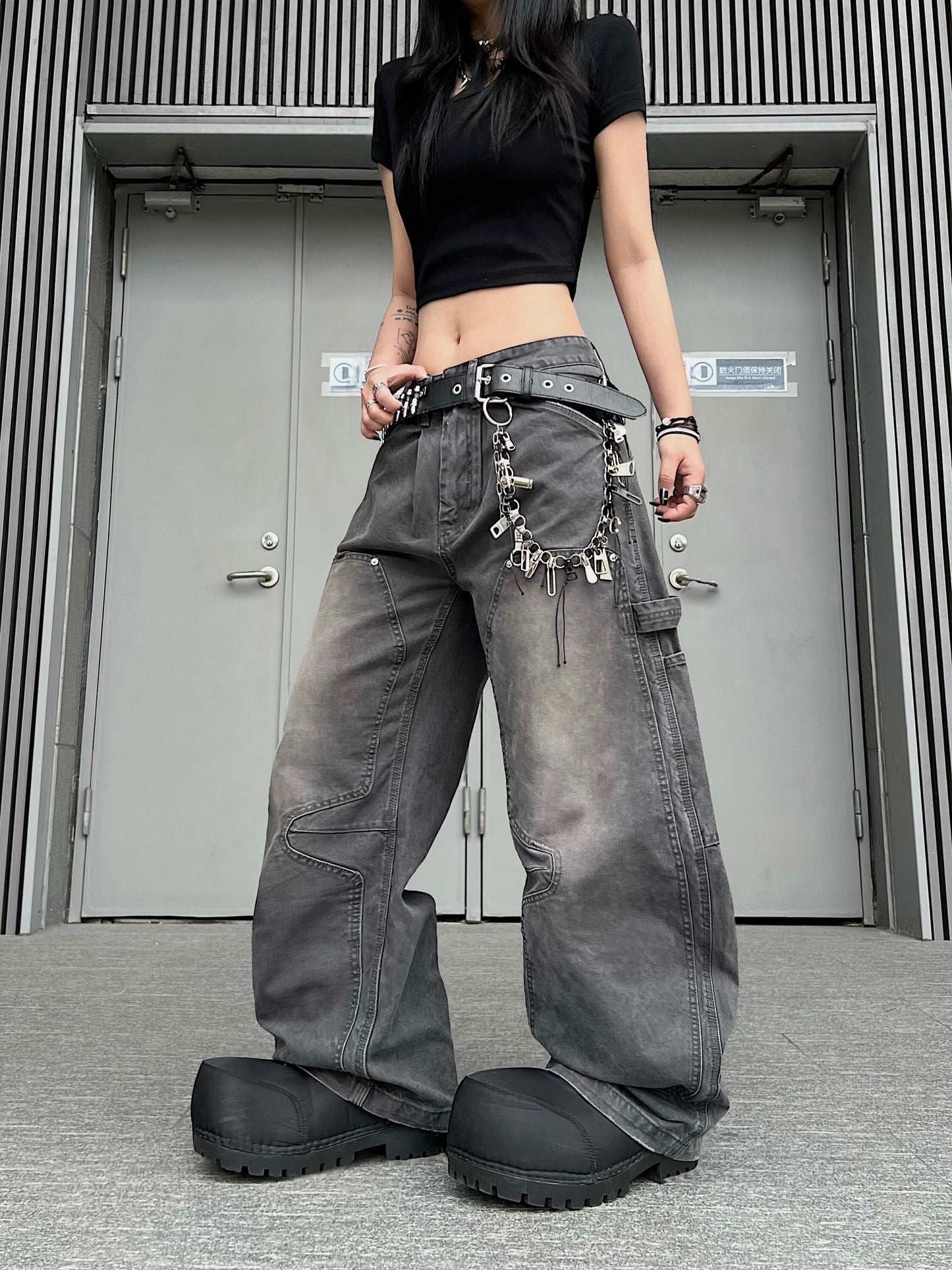 Deconstructed Patchwork Wash Curved Wide Leg Denim Jeans WN24230
