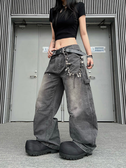 Deconstructed Patchwork Wash Curved Wide Leg Denim Jeans WN24230