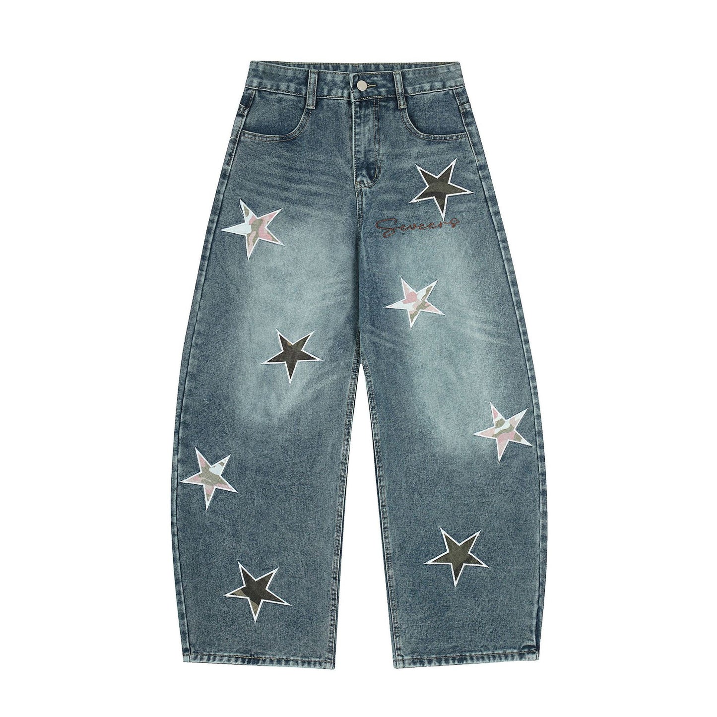 Washed Star Applique Wide Leg Denim Jeans WN25451