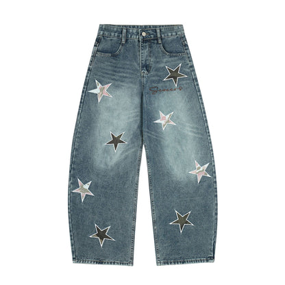 Washed Star Applique Wide Leg Denim Jeans WN25451