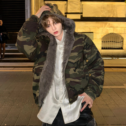 Camouflage Fake Fur Collar Hooded Short Puffer Jacket WN20728