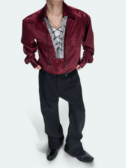 V-Neck Lace-Up Satin Cropped Long Sleeve Shirt WN27038
