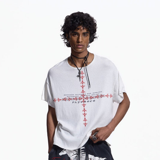 Cross Embroidery Washed Short Sleeve T-Shirt WN27445