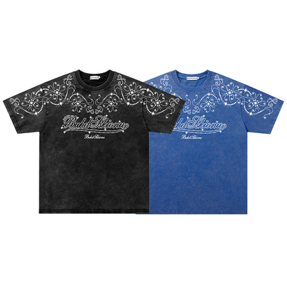 Washed Rhinestone Ornament Short Sleeve T-Shirt WN26746