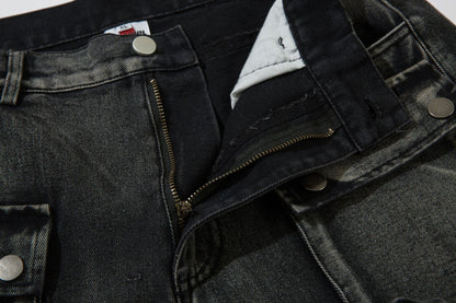 Cargo Pocket Embroidery Wide Leg Denim Jeans WN25718