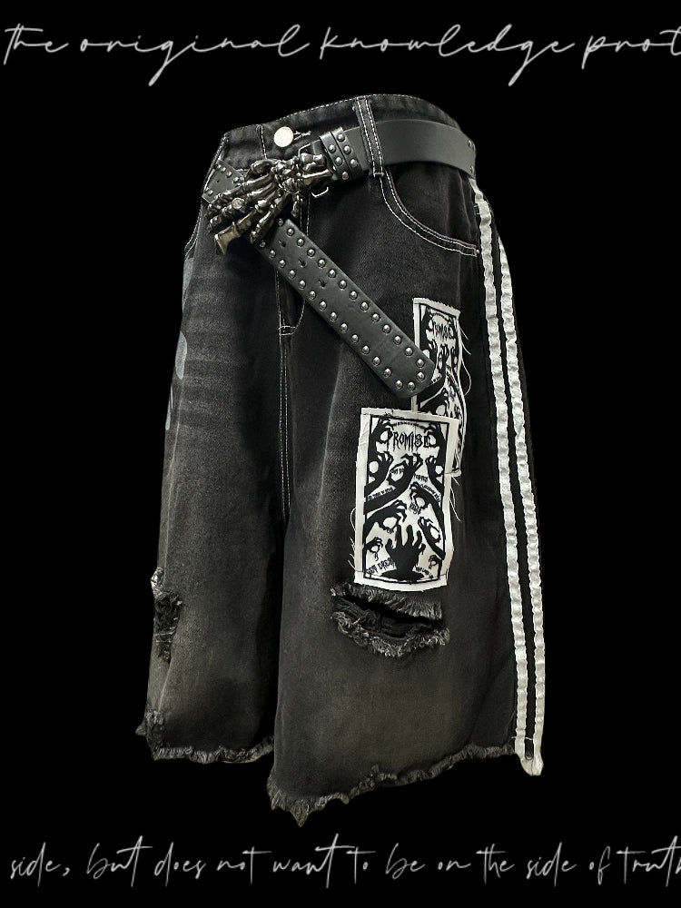 Side Stripe Damage Patch Wide Leg Half Denim Jeans & Skull Belt WN20106