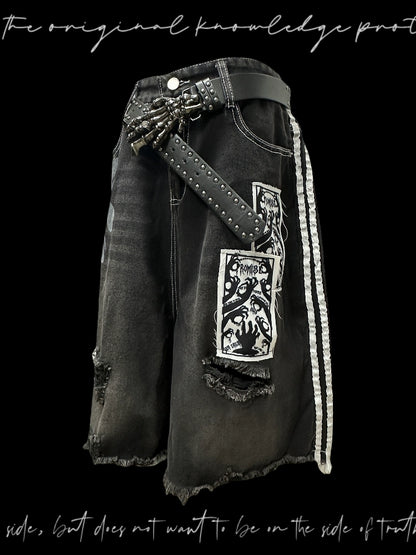 Side Stripe Damage Patch Wide Leg Half Denim Jeans & Skull Belt WN20106