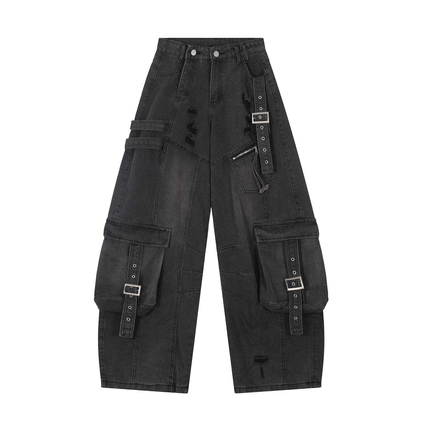 Washed Curved Multi Pocket Wide Leg Cargo Denim Jeans WN25736