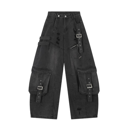 Washed Curved Multi Pocket Wide Leg Cargo Denim Jeans WN25736