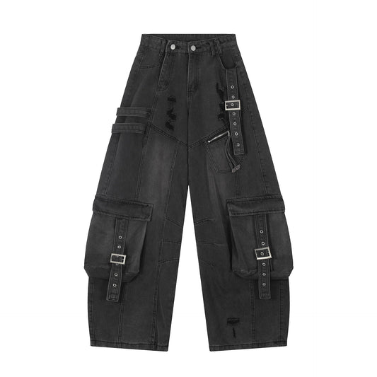 Washed Curved Multi Pocket Wide Leg Cargo Denim Jeans WN25736