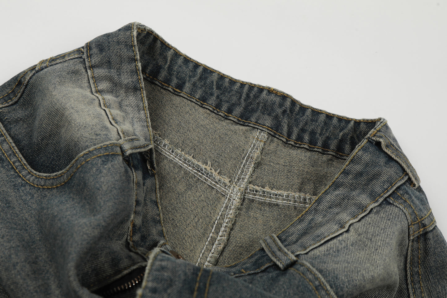 Washed Whisker Cross Studs Wide Leg Denim Jeans WN25798