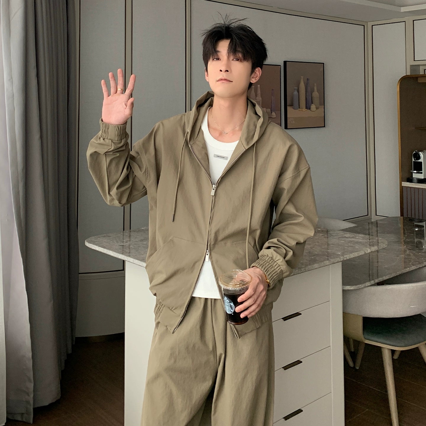 Hooded Zipper Jacket & Wide Leg Pants Setup WN20490