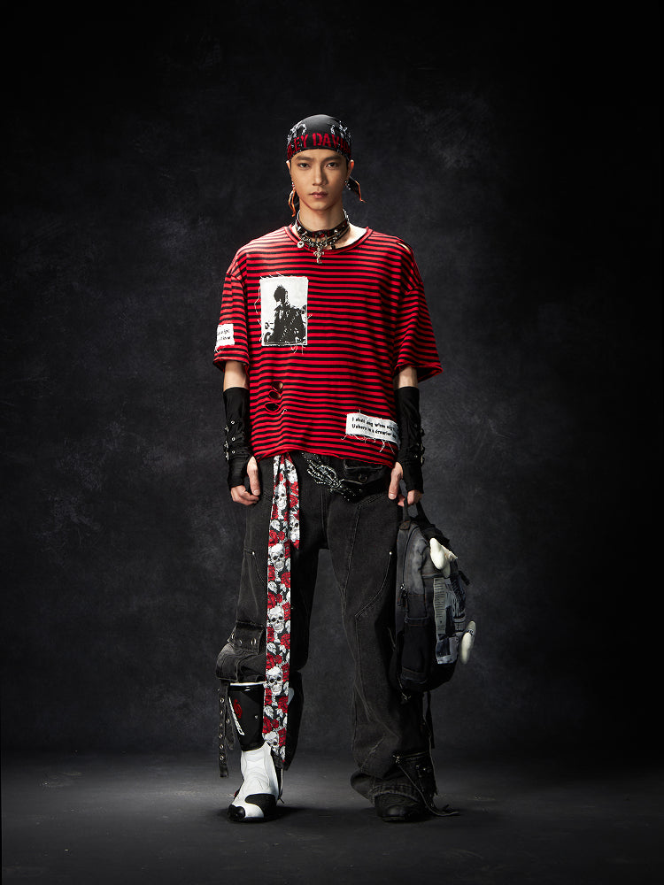 Multi-pocket Strap Washed Damage Wide Leg Denim Jeans WN15246